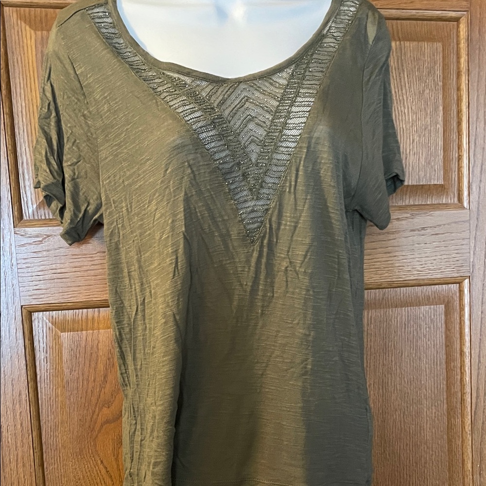 Express Olive Short Sleeve Top with Lace Accent